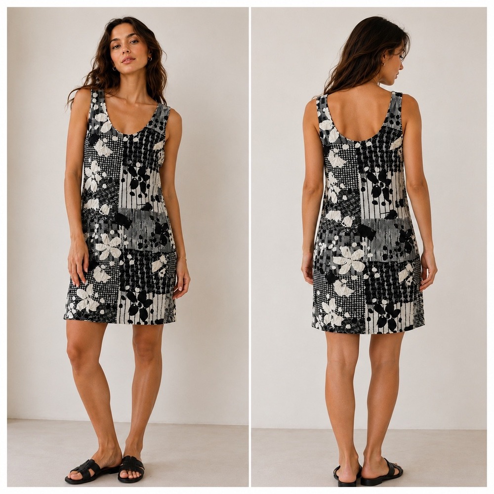 Jams World Vintage Black White Floral Patchwork Crinkle Shift Dress Size 8-10